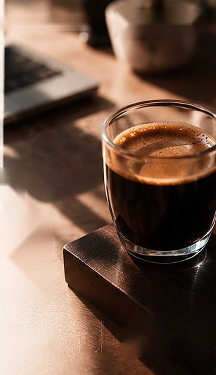 Copo de espresso sobre base de madeira, com notebook ao fundo em luz quente